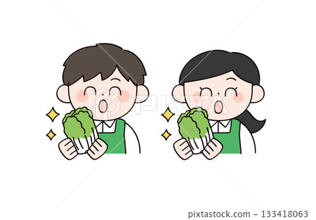 超市男女店員手持高麗菜的插圖 133418063
