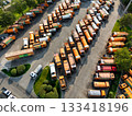 Fleet of yellow garbage trucks. Aerial view 133418196