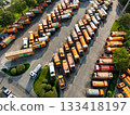 Fleet of yellow garbage trucks. Aerial view 133418197
