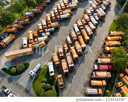 Fleet of yellow garbage trucks. Aerial view 133418197