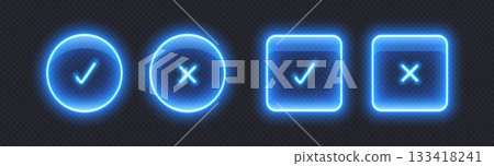 Neon checkmark icons, glowing check buttons, illuminated signs. Neon checkmark icons, glowing check buttons, illuminated signs. 133418241