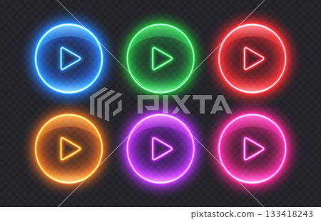 Neon media play buttons. Colorful glowing glossy audio control icons 133418243