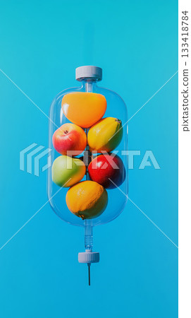 Drip filled with colorful fruits on a blue background. Health and wellness concept Drip filled with colorful fruits on a blue background. Health and wellness concept 133418784