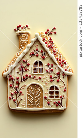 Gingerbread house with icing and red berry decorations on beige background. festive holiday baking concept Gingerbread house with icing and red berry decorations on beige background. festive holiday baking concept 133418785
