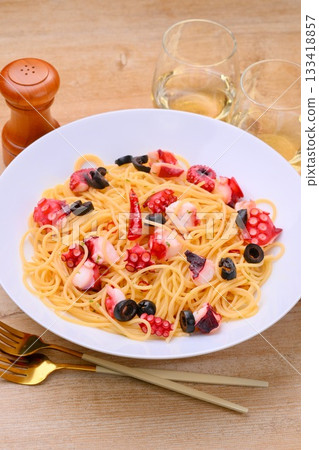 Octopus peperoncino, Italian pasta, and seafood dishes. 133418857