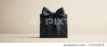 Black gift box with large satin bow on neutral background, minimalistic elegance concept 133418876