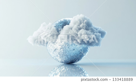 A reflective disco ball partially obscured by fluffy clouds on a smooth surface, abstract concept. Surreal art and creativity concept 133418889