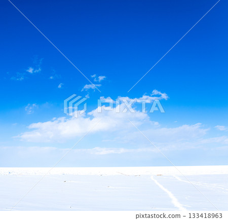 冬日晴朗的藍天下，北海道鄂霍次克海岸邊漂浮著一塊浮冰。 133418963