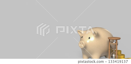 Piggy Bank with Hourglass and Gold Coins 3d render. Piggy Bank with Hourglass and Gold Coins 3d render. 133419137