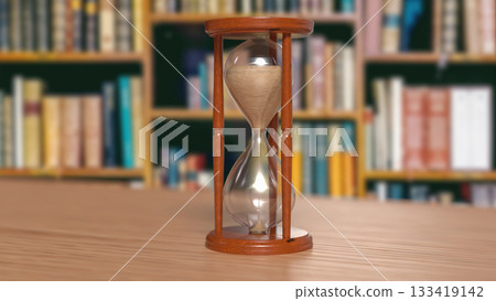 Hourglass on Table in Blurred Library Background 3d render. 133419142
