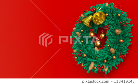 Christmas Wreath with Golden Bells on Red Background 3d render Christmas Wreath with Golden Bells on Red Background 3d render 133419143