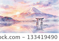 Mt. Fuji and torii gate reflected on the lake surface - AI generated 133419490