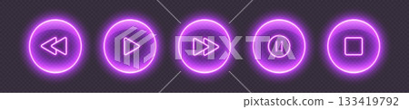 Neon media player buttons. Glossy glowing audio control icons. 133419792