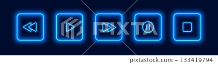 Neon media player buttons. Blue glowing audio control icons. Neon media player buttons. Blue glowing audio control icons. 133419794