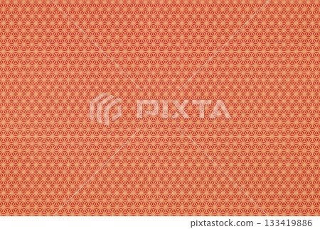 Background image of a red fabric with a golden hemp leaf pattern 133419886