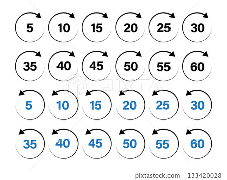 Minimalist Time Duration and Repeat Icons Set: 5 to 60 Minute Refresh Symbols. 133420028