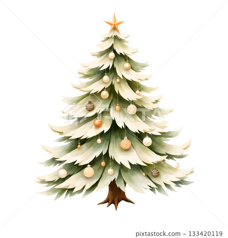 Elegant Christmas Tree Decorated with Ornaments and Golden Star on Top of Branches 133420119