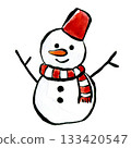 A snowman with a red bucket and scarf drawn with a brush pen and transparent watercolor 133420547
