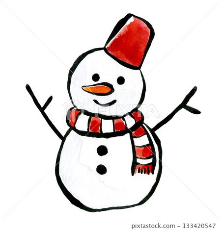 A snowman with a red bucket and scarf drawn with a brush pen and transparent watercolor A snowman with a red bucket and scarf drawn with a brush pen and transparent watercolor 133420547