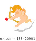 An illustration of Cupid aiming from above the clouds to shoot a love arrow 133420901