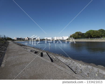 Under a clear blue sky, a wide promenade and streetscape along the canal in Omori, Ota Ward 133421013