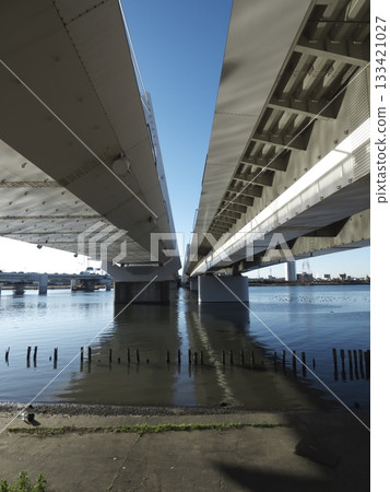 橫跨多摩川的大石橋巨大橋樑主樑的底部以及排列在水面上的樁基。 橫跨多摩川的大石橋巨大橋樑主樑的底部以及排列在水面上的樁基。 133421027