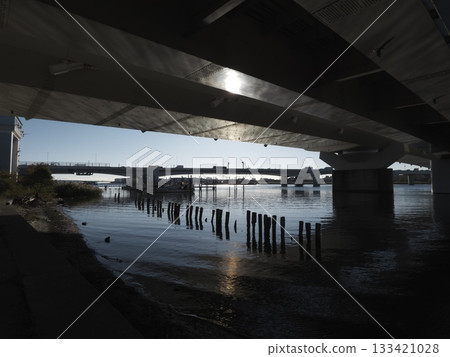 從大石橋橋樑下眺望玉川天橋和水面上的橋墩 133421028