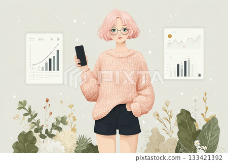 艾米系列:一位穿著休閒的商務女性(AI角色)展示著她的智慧型手機和圖表。 艾米系列:一位穿著休閒的商務女性(AI角色)展示著她的智慧型手機和圖表。 133421392