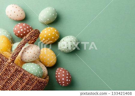 Colorful decorated Easter eggs placed near a wicker basket on a green surface, embodying the festive and joyful vibe of Easter celebrations Colorful decorated Easter eggs placed near a wicker basket on a green surface, embodying the festive and joyful vibe of Easter celebrations 133421408