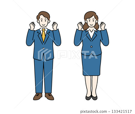 面帶笑容、穿著西裝的男男女女，看起來很開心。一位上班族全身像，正握拳慶祝。 133421517