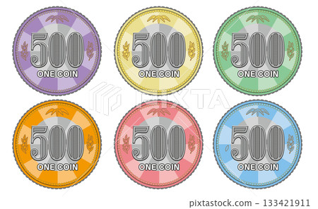 500 yen coin front (concentrated line design / normal colors, purple, green, pink, blue, orange) 133421911