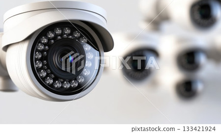 Close up view of a white electronic surveillance device with many circular lights. Multiple similar observation systems are blurry in the bright background. Close up view of a white electronic surveillance device with many circular lights. Multiple similar observation systems are blurry in the bright background. 133421924