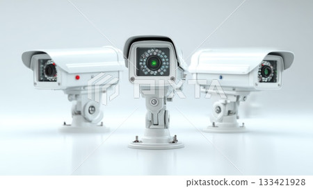 Three white modern security cameras with multiple small bright lights stand on a clean reflective surface representing advanced digital protection and continuous watchful monitoring. Three white modern security cameras with multiple small bright lights stand on a clean reflective surface representing advanced digital protection and continuous watchful monitoring. 133421928