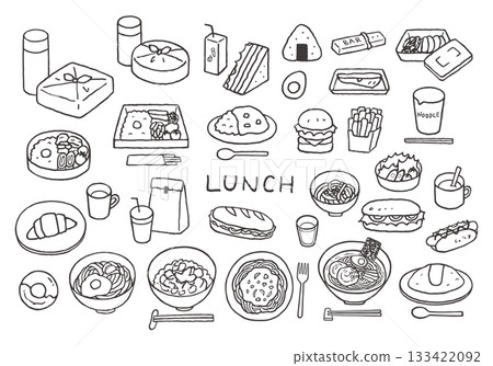 Lunch and lunch related hand-drawn illustration set (monochrome) 133422092