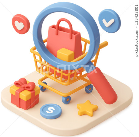3D Shopping Search Magnifying Glass E-commerce Cart Online Retail Gift Box Product Discovery Order Checkmark Customer Service Concept Illustration 3D Shopping Search Magnifying Glass E-commerce Cart Online Retail Gift Box Product Discovery Order Checkmark Customer Service Concept Illustration 133422801