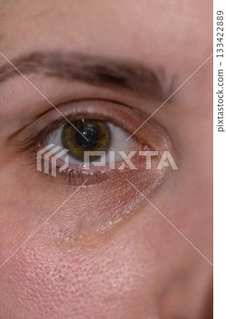 close up view shows the intricate details human eye including color and texture of the iris and skin surrounding it illuminated by soft natural light. close up view shows the intricate details human eye including color and texture of the iris and skin surrounding it illuminated by soft natural light. 133422889