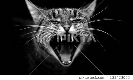 A cat stands with an arched back, hissing fiercely, showing heightened emotions in a dark background, creating a tense atmosphere. 133423063