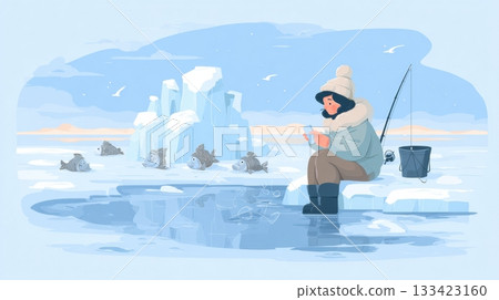A man sits on an ice surface, happily engaged in ice fishing while surrounded by a peaceful winter scene filled with ice and fish. 133423160