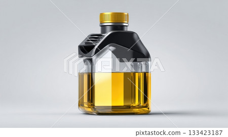 Clean display of an engine oil bottle showcasing bright yellow oil, placed against a light gray background for appealing presentation. Clean display of an engine oil bottle showcasing bright yellow oil, placed against a light gray background for appealing presentation. 133423187