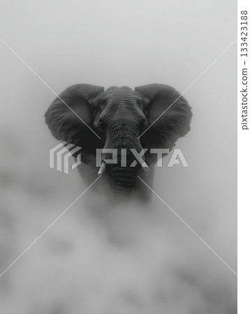 A serene elephant head appears through a thick mist, capturing the essence of wildlife in a captivating moment. A serene elephant head appears through a thick mist, capturing the essence of wildlife in a captivating moment. 133423188