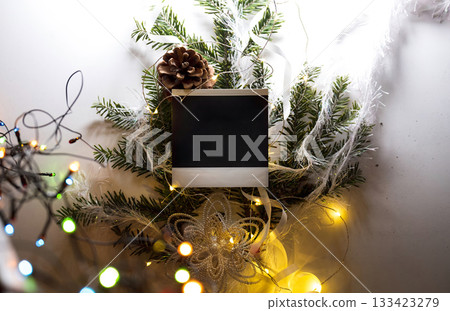 Christmas background with xmas tree. Merry Сhristmas greeting card. Winter holidays. Happy New Year. photo frame template Christmas background with xmas tree. Merry Сhristmas greeting card. Winter holidays. Happy New Year. photo frame template 133423279
