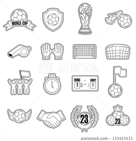 A collection of black and white outline icons representing various elements of the World Cup and the sport of football/soccer. It includes essential items like the trophy, ball, gloves, and whistle, a A collection of black and white outline icons representing various elements of the World Cup and the sport of football/soccer. It includes essential items like the trophy, ball, gloves, and whistle, a 133423515