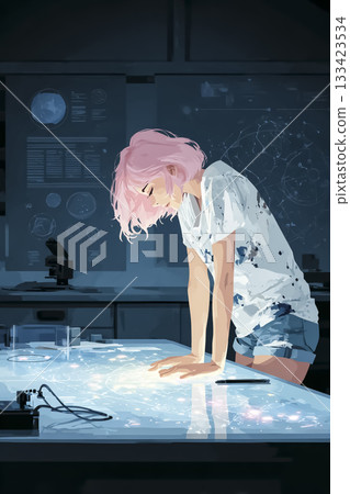 Emi series: A quiet analysis scene of a cyber girl with her shoulders slumped in front of glowing data (AI character) 133423534
