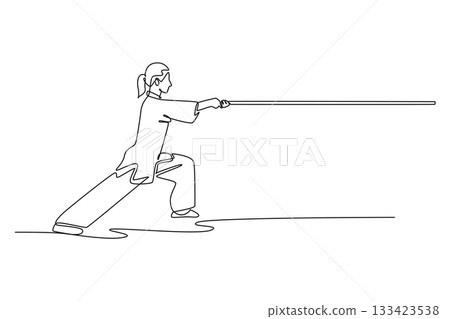 Continuous one line drawing woman Wushu athlete poised in deep bow stance, holding staff in straight forward thrust. Discipline, strength and focus. Single line draw design vector graphic illustration 133423538