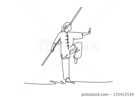 Continuous one line drawing woman Wushu athlete balancing on one leg, holding staff vertically. Precision, control, and grace of martial arts form. Single line draw design vector graphic illustration 133423539