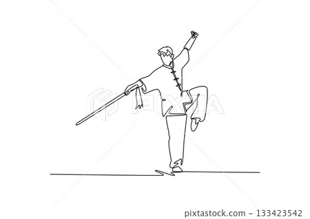 Continuous one line drawing man Wushu athlete balancing on one leg, holding sword horizontally. Precision, control, and grace of martial arts form. Single line draw design vector graphic illustration Continuous one line drawing man Wushu athlete balancing on one leg, holding sword horizontally. Precision, control, and grace of martial arts form. Single line draw design vector graphic illustration 133423542