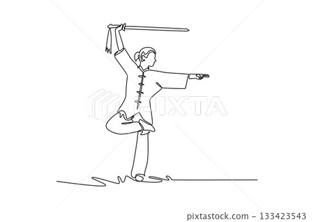 Continuous one line drawing woman Wushu athlete balancing on one leg, holding sword high overhead. Precision, control, grace of martial arts form. Single line draw design vector graphic illustration Continuous one line drawing woman Wushu athlete balancing on one leg, holding sword high overhead. Precision, control, grace of martial arts form. Single line draw design vector graphic illustration 133423543