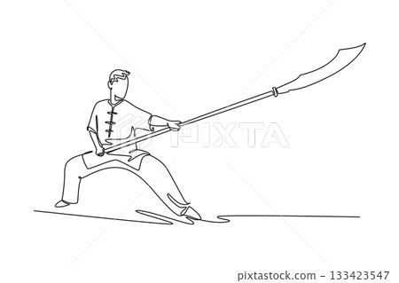Single continuous line drawing man Wushu athlete poised in deep horse stance, holding long guandao in powerful forward thrust. Discipline and strength. One line draw graphic design vector illustration 133423547