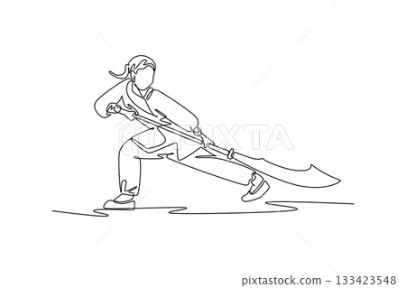Single continuous line drawing woman Wushu athlete poised in deep bow stance, holding halberd in powerful, low guard. Discipline, strength, focus form. One line draw graphic design vector illustration Single continuous line drawing woman Wushu athlete poised in deep bow stance, holding halberd in powerful, low guard. Discipline, strength, focus form. One line draw graphic design vector illustration 133423548