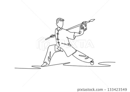 Single continuous line drawing man Wushu athlete poised in a deep bow stance, holding spear in forward thrust guard. Power, balance, disciplined form. One line draw graphic design vector illustration 133423549